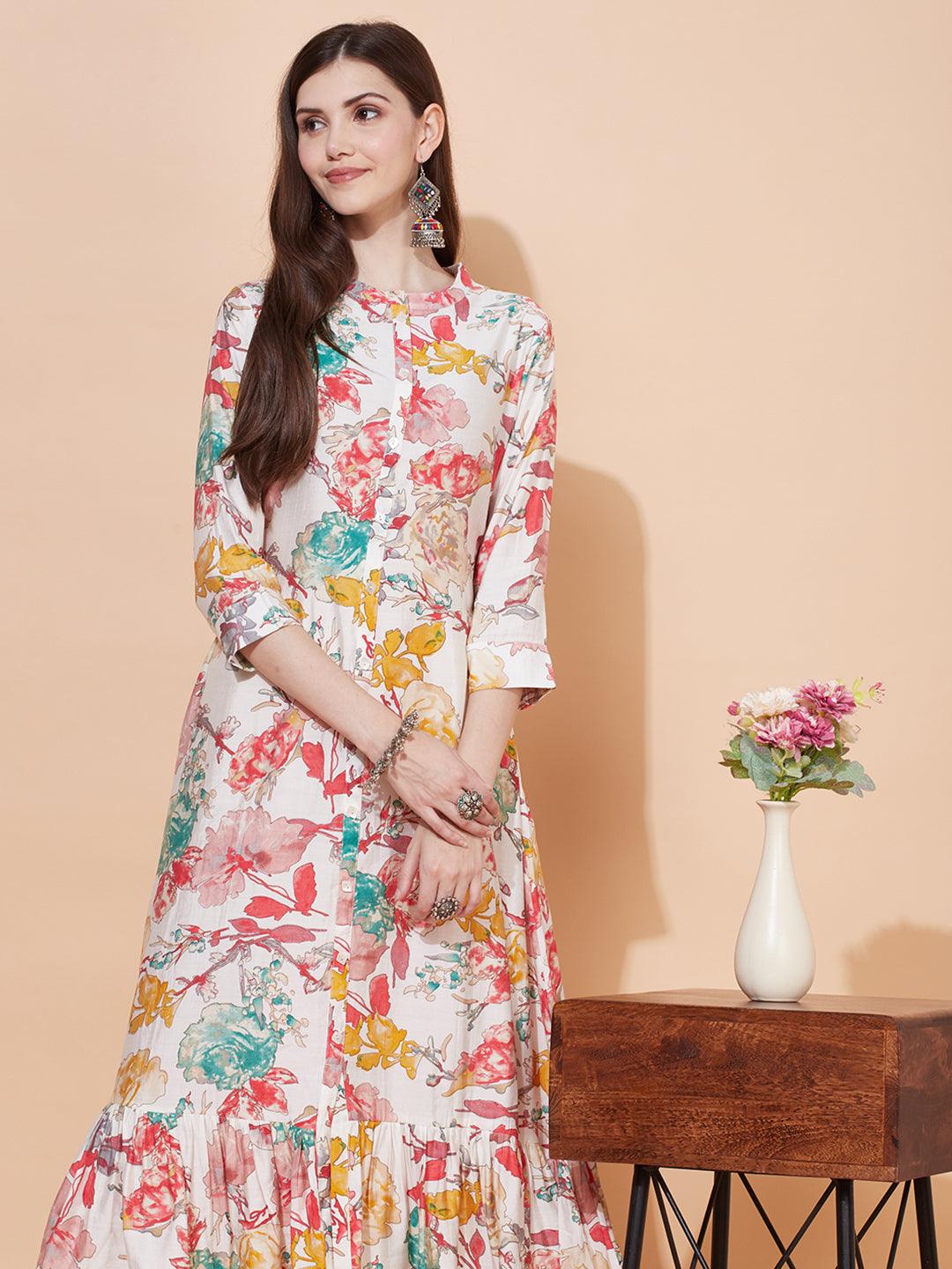 Abstract Floral Printed A-Line Midi Dress - Off White - Indiakreations