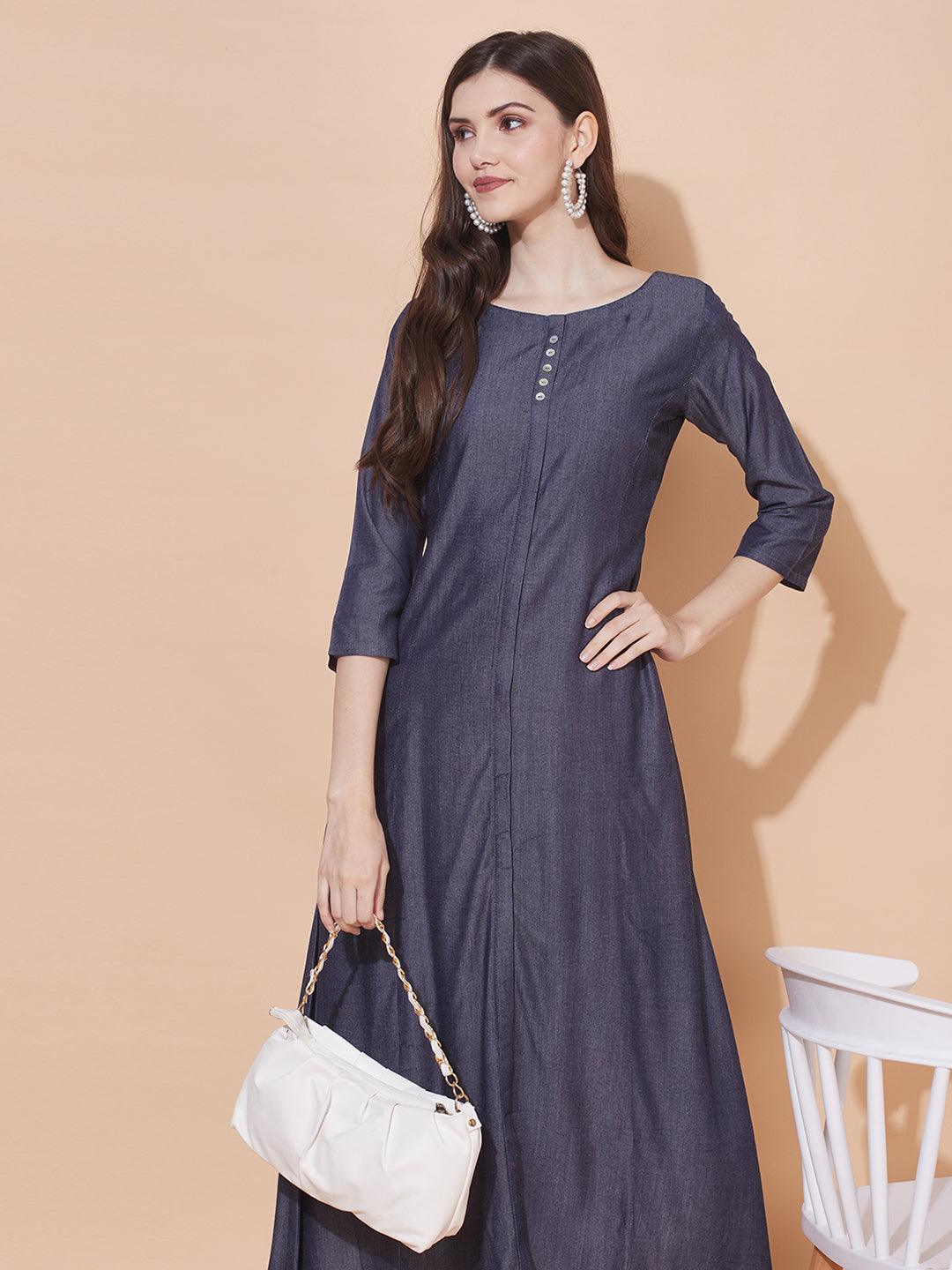 Solid A-Line Flare Maxi Dress - Blue - Indiakreations