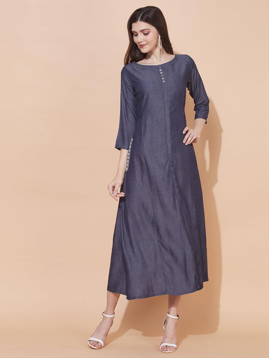 Solid A-Line Flare Maxi Dress - Blue - Indiakreations