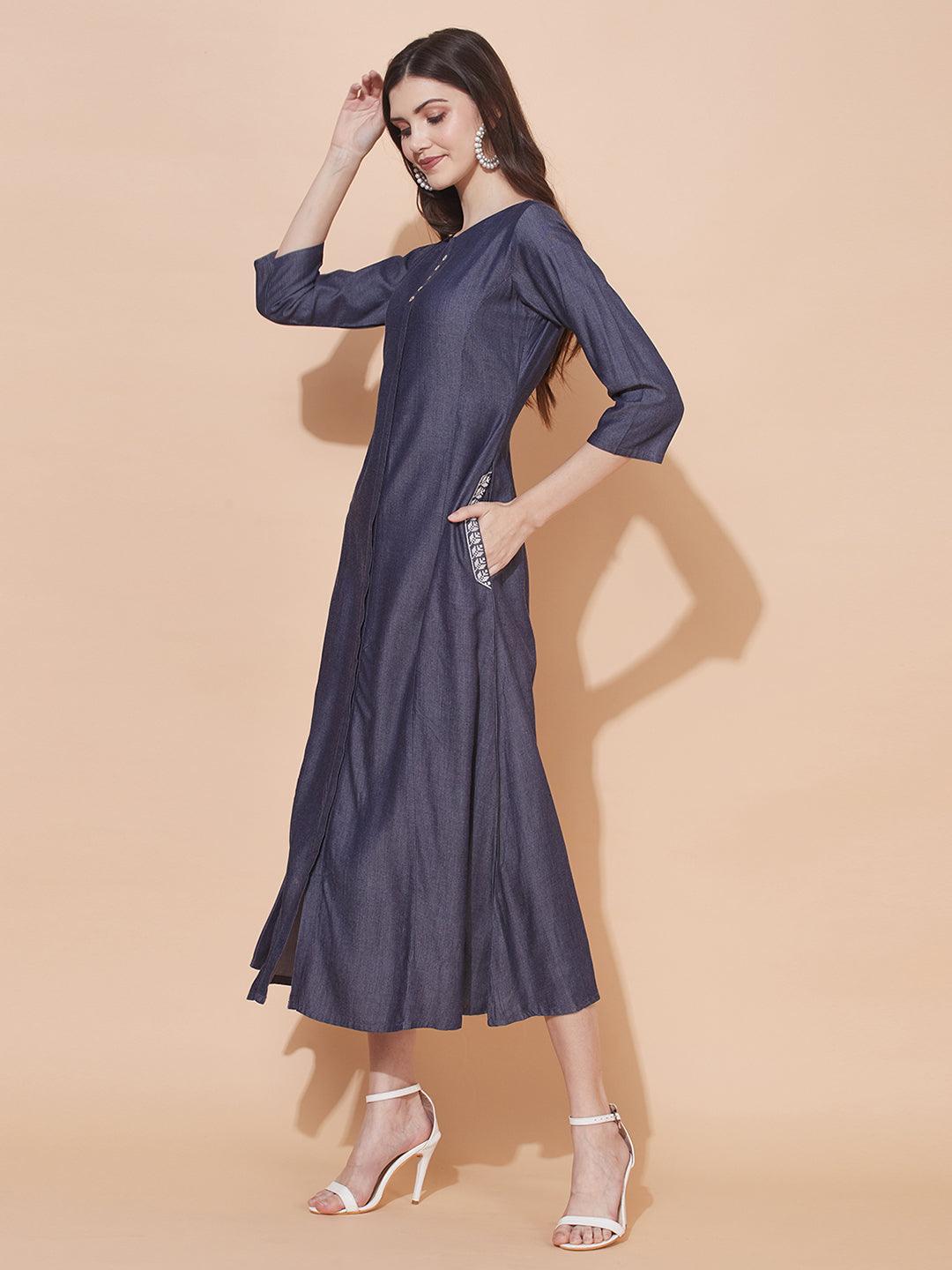 Solid A-Line Flare Maxi Dress - Blue - Indiakreations