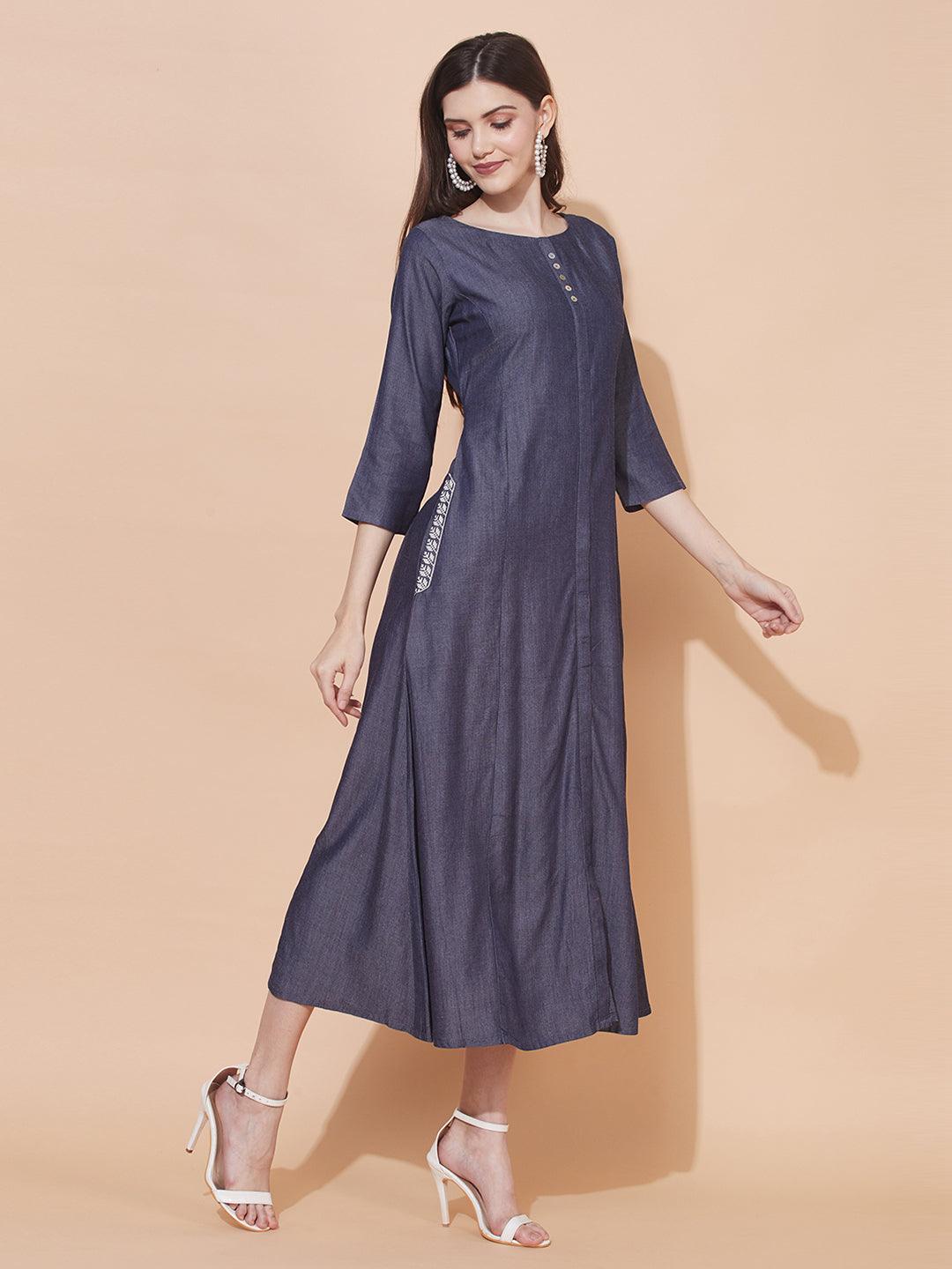 Solid A-Line Flare Maxi Dress - Blue - Indiakreations