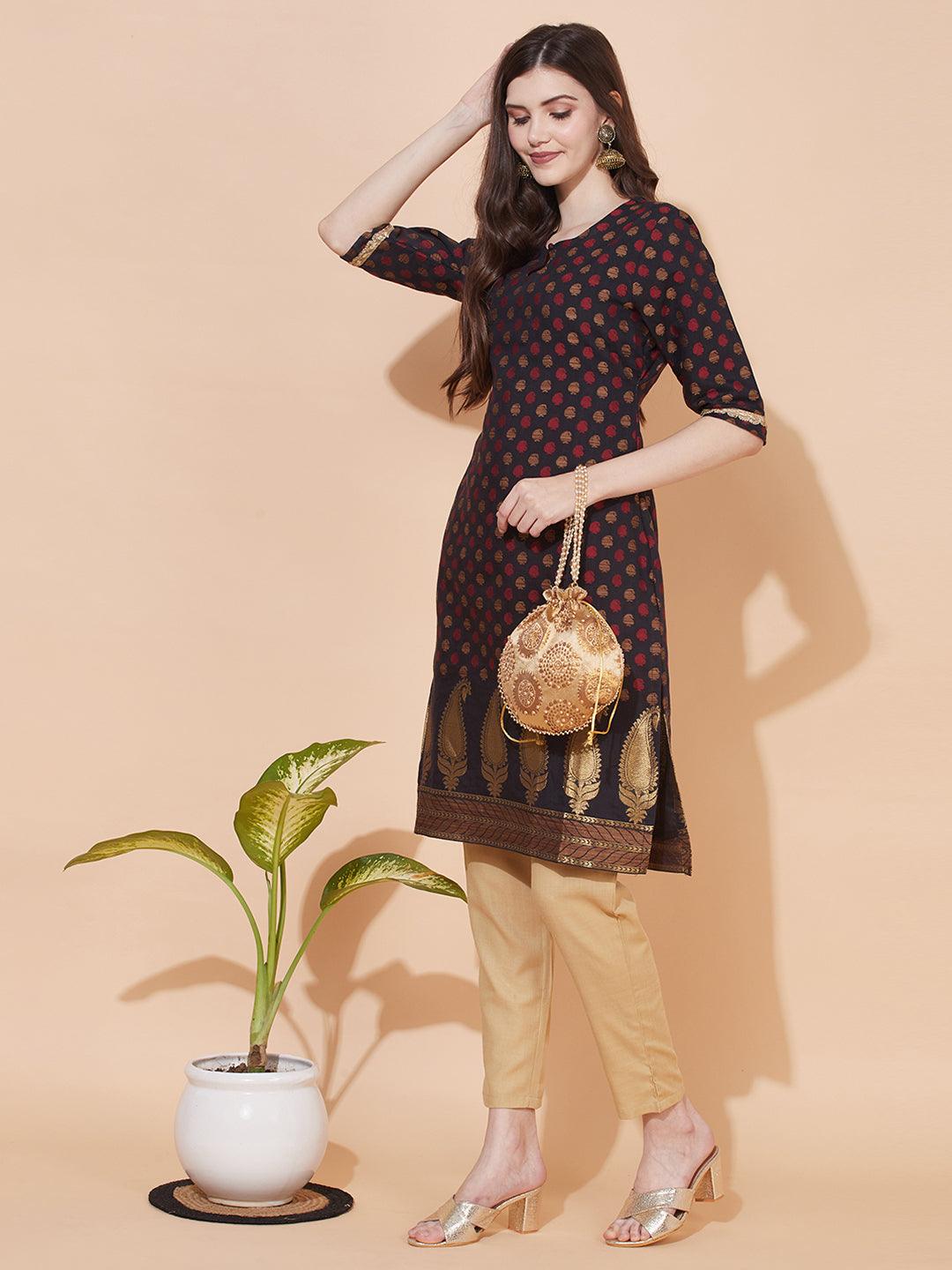 Ethnic Woven & Embroidered Straight Fit Kurta – Black - Indiakreations