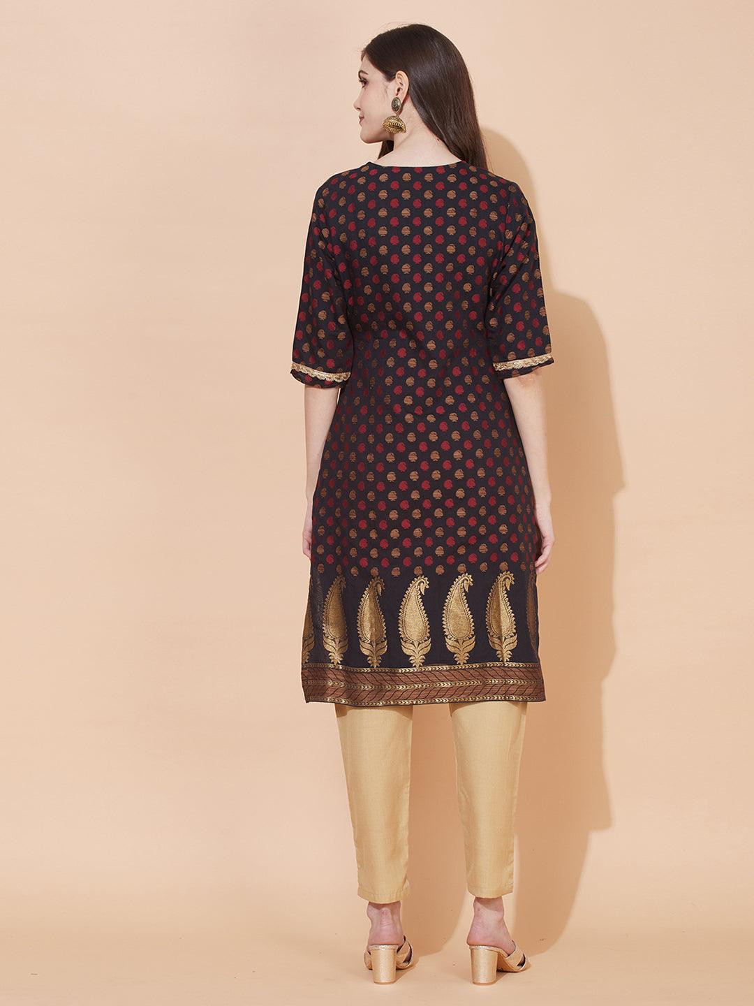 Ethnic Woven & Embroidered Straight Fit Kurta – Black - Indiakreations