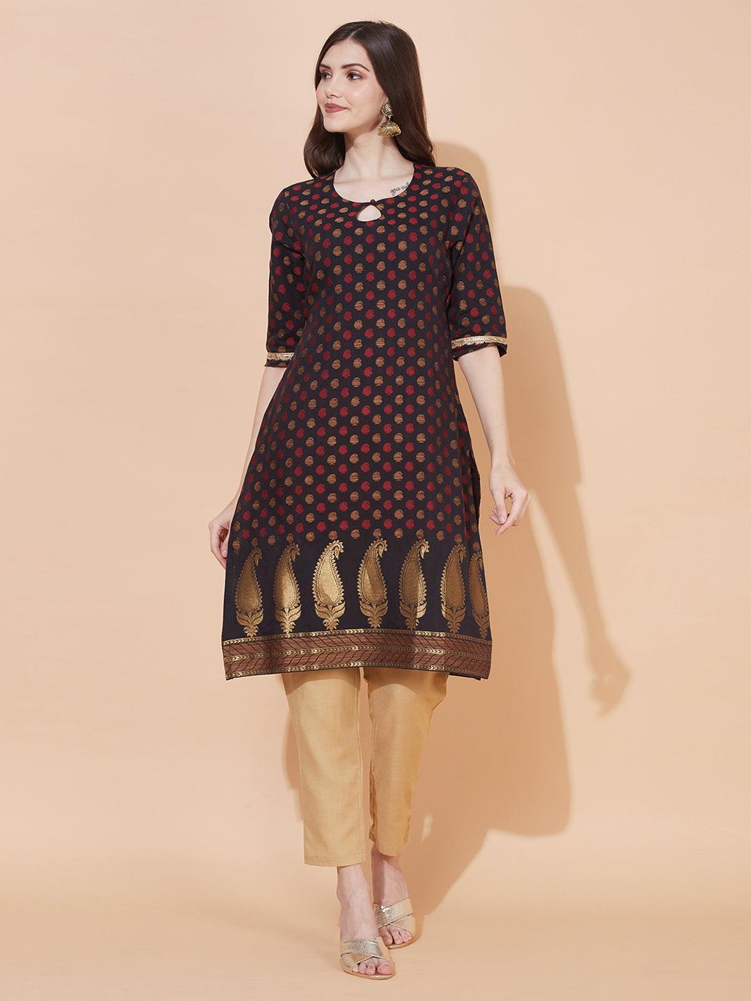 Ethnic Woven & Embroidered Straight Fit Kurta – Black - Indiakreations