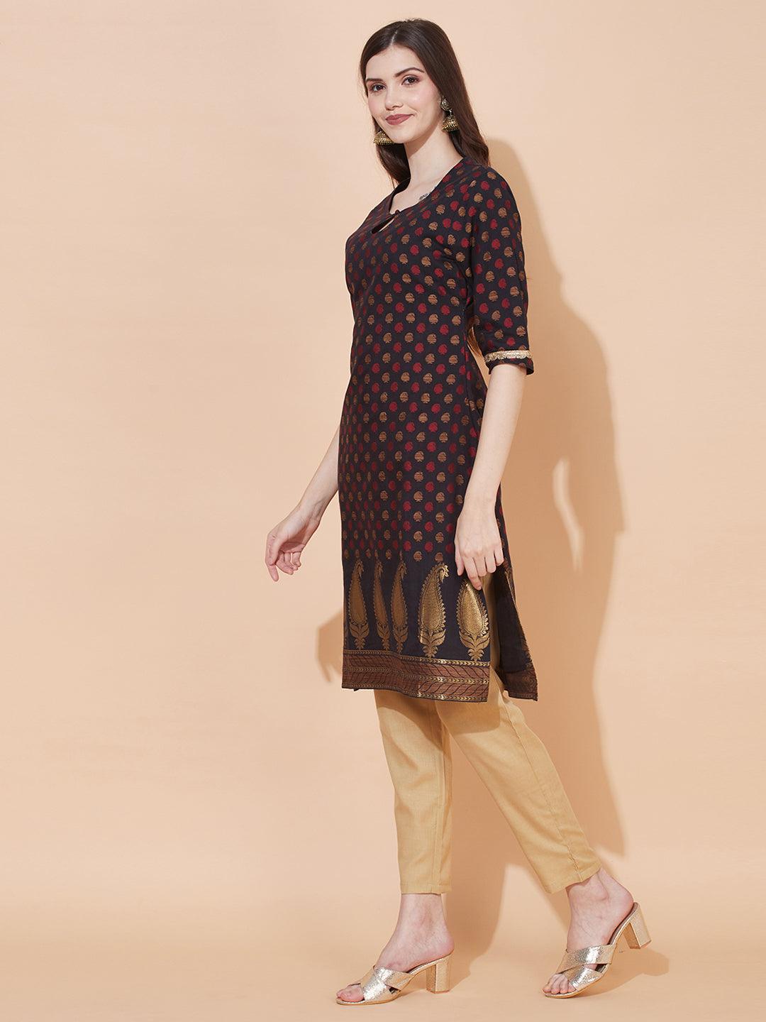 Ethnic Woven & Embroidered Straight Fit Kurta – Black - Indiakreations