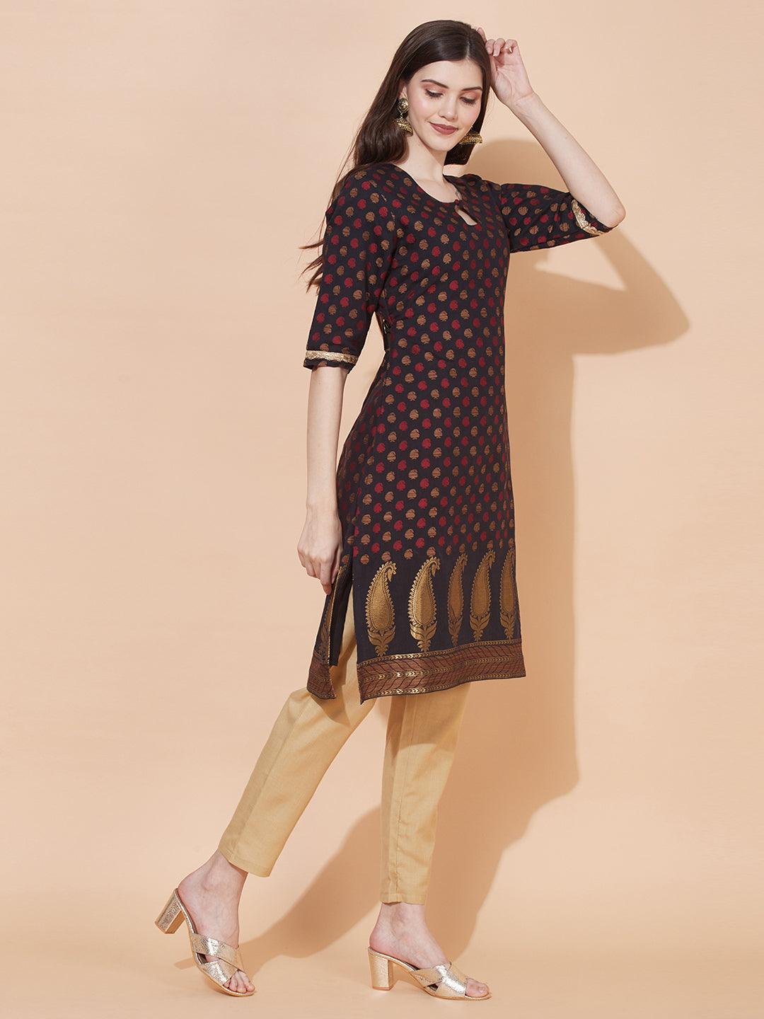 Ethnic Woven & Embroidered Straight Fit Kurta – Black - Indiakreations