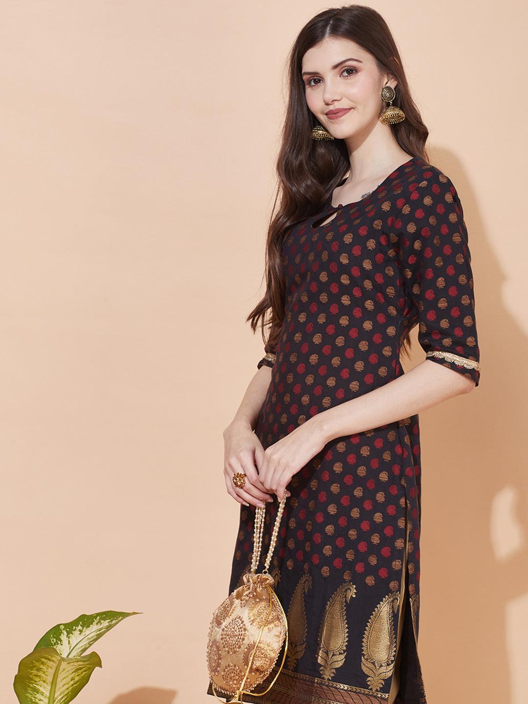 Ethnic Woven & Embroidered Straight Fit Kurta – Black - Indiakreations