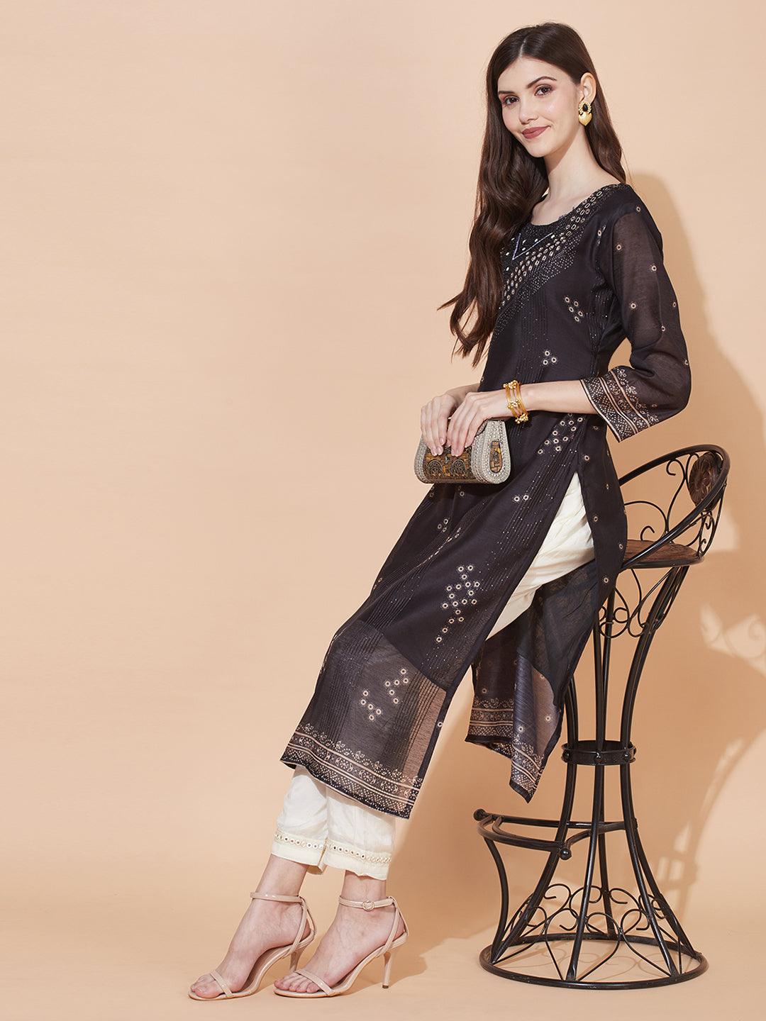 Ethnic Printed & Hand Embroidered Straight Fit Kurta – Black - Indiakreations