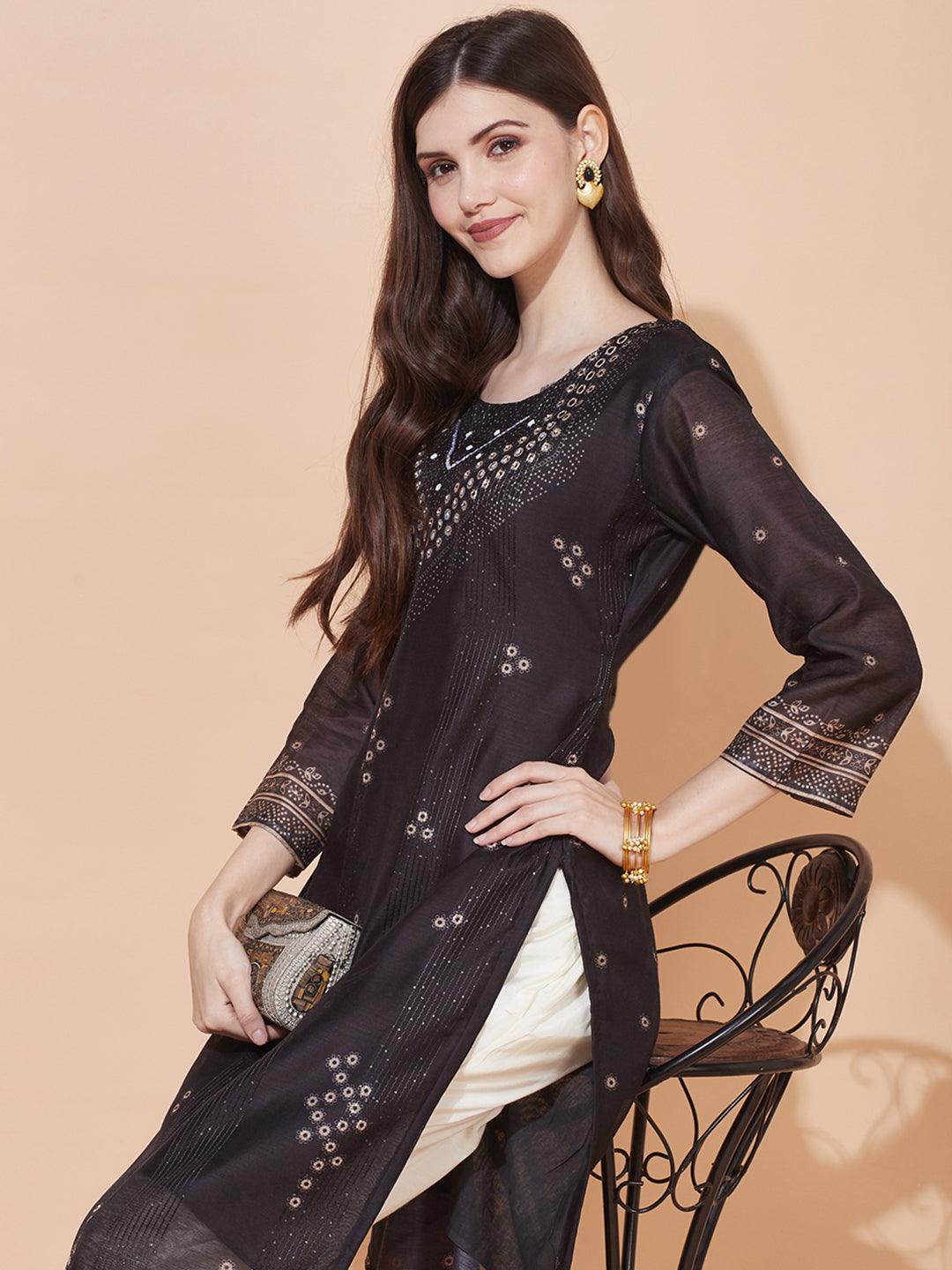 Ethnic Printed & Hand Embroidered Straight Fit Kurta – Black - Indiakreations