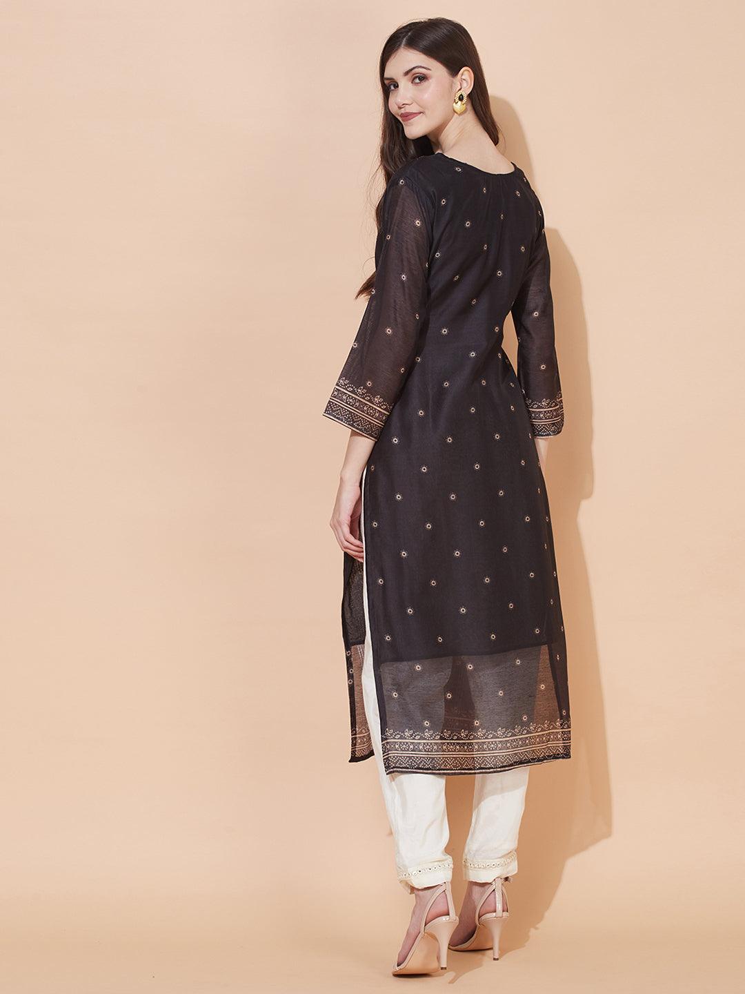 Ethnic Printed & Hand Embroidered Straight Fit Kurta – Black - Indiakreations