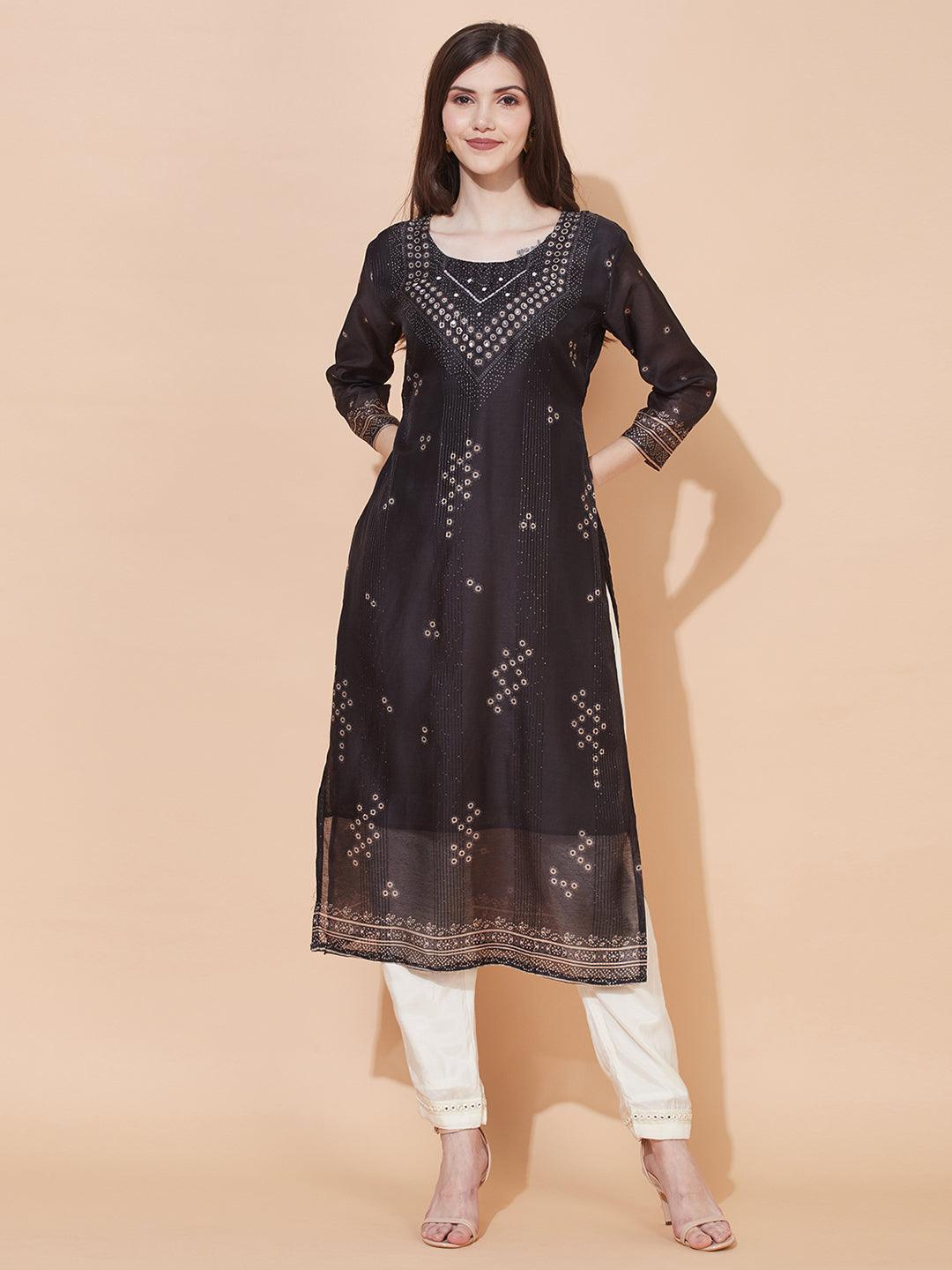 Ethnic Printed & Hand Embroidered Straight Fit Kurta – Black - Indiakreations