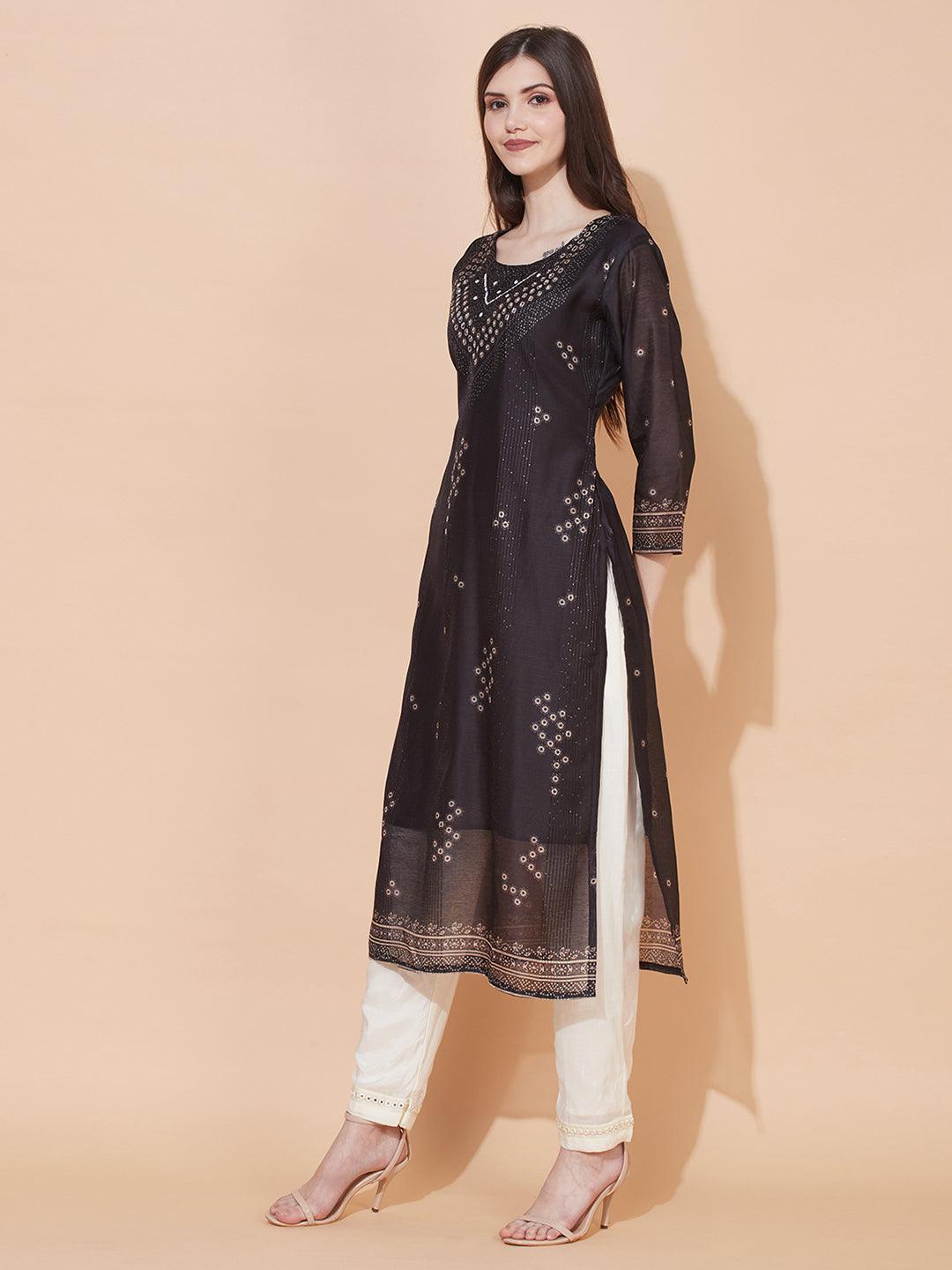 Ethnic Printed & Hand Embroidered Straight Fit Kurta – Black - Indiakreations