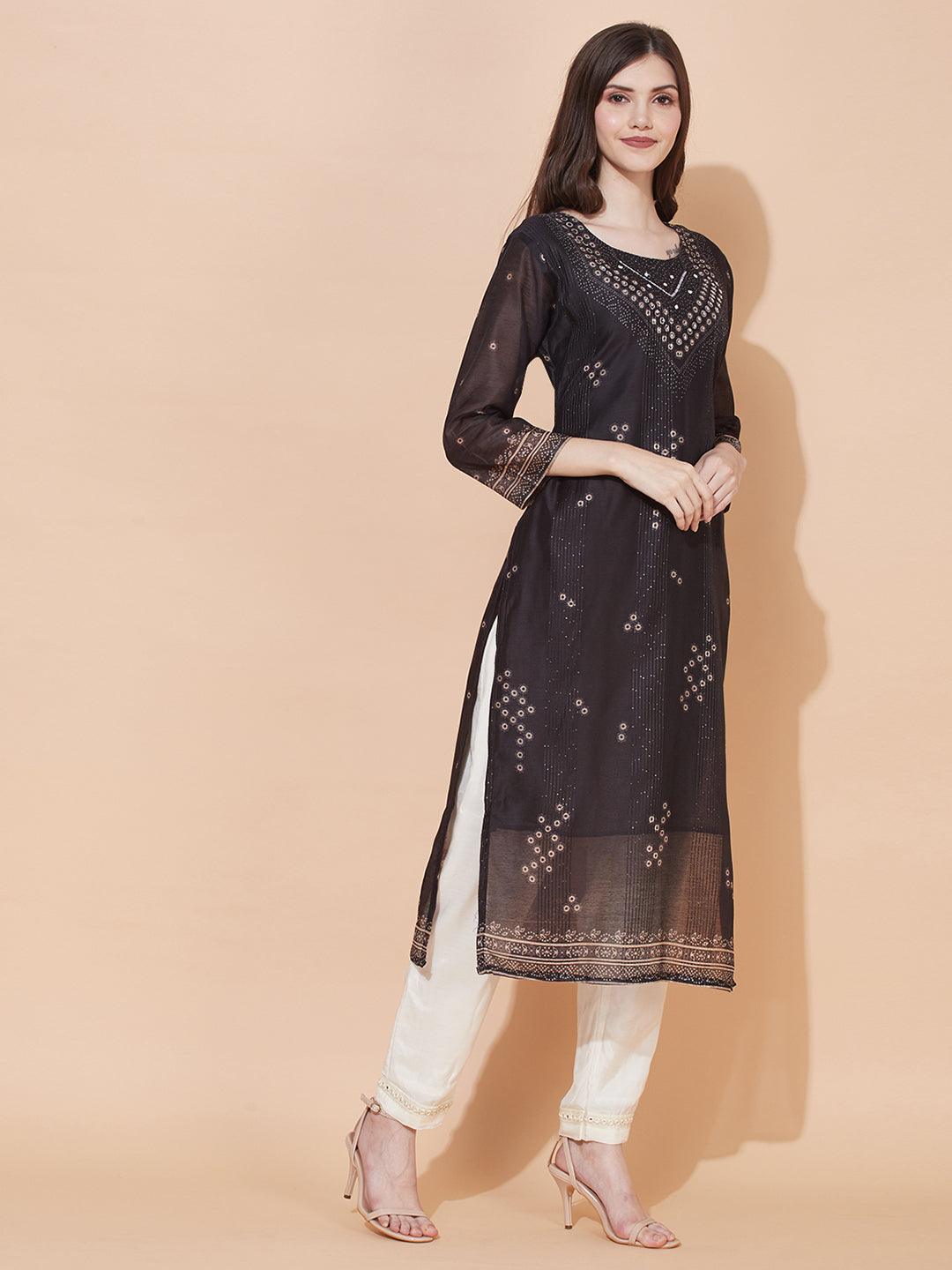 Ethnic Printed & Hand Embroidered Straight Fit Kurta – Black - Indiakreations