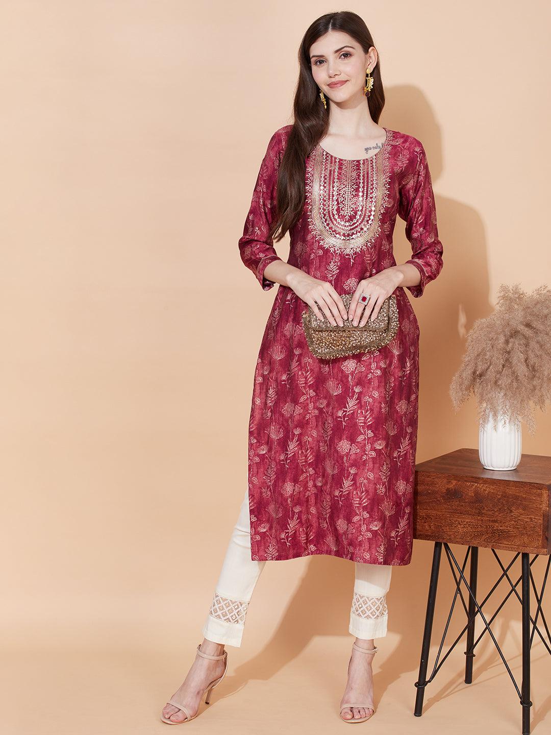 Floral Printed & Embroidered Straight Fit Kurta – Magenta - Indiakreations