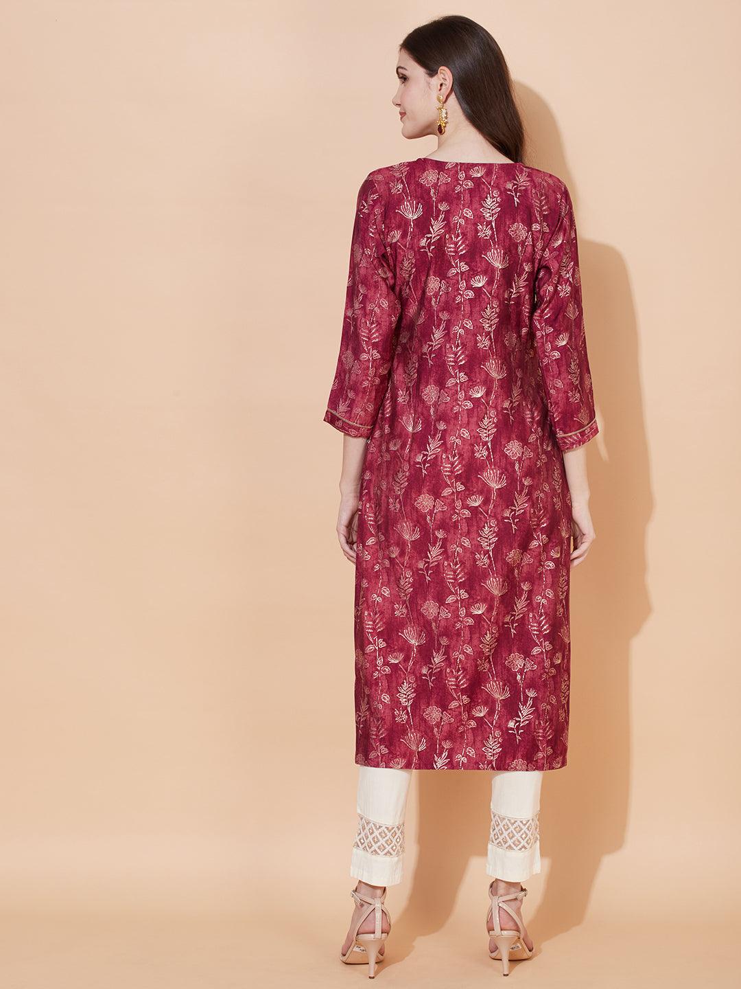 Floral Printed & Embroidered Straight Fit Kurta – Magenta - Indiakreations