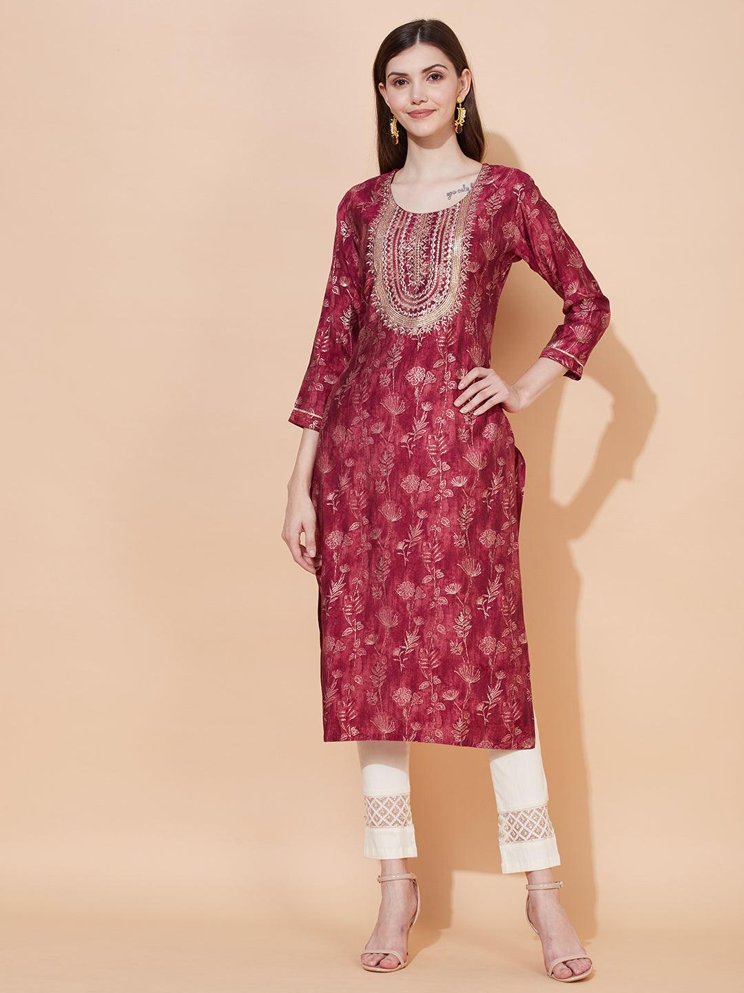 Floral Printed & Embroidered Straight Fit Kurta – Magenta - Indiakreations