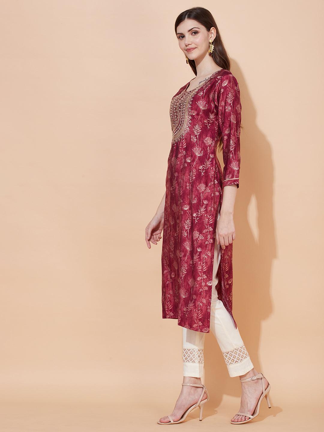 Floral Printed & Embroidered Straight Fit Kurta – Magenta - Indiakreations