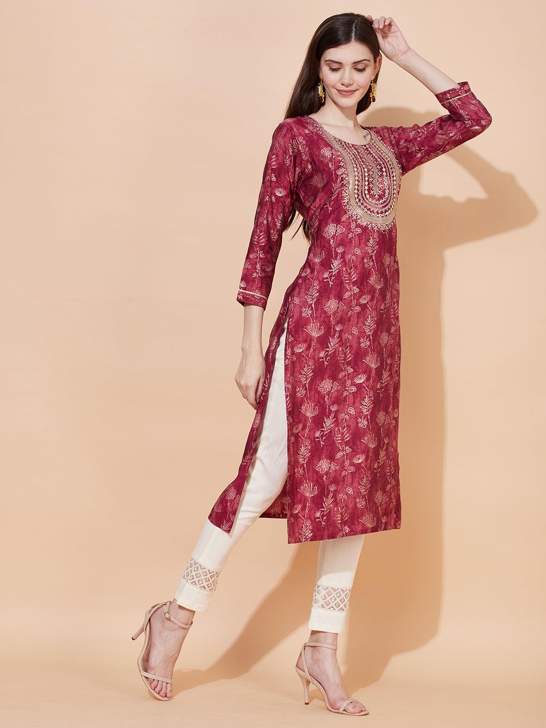 Floral Printed & Embroidered Straight Fit Kurta – Magenta - Indiakreations