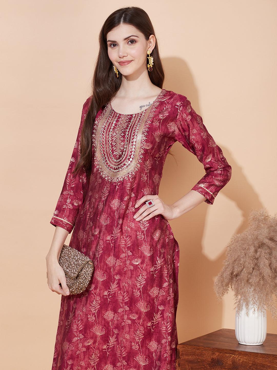 Floral Printed & Embroidered Straight Fit Kurta – Magenta - Indiakreations