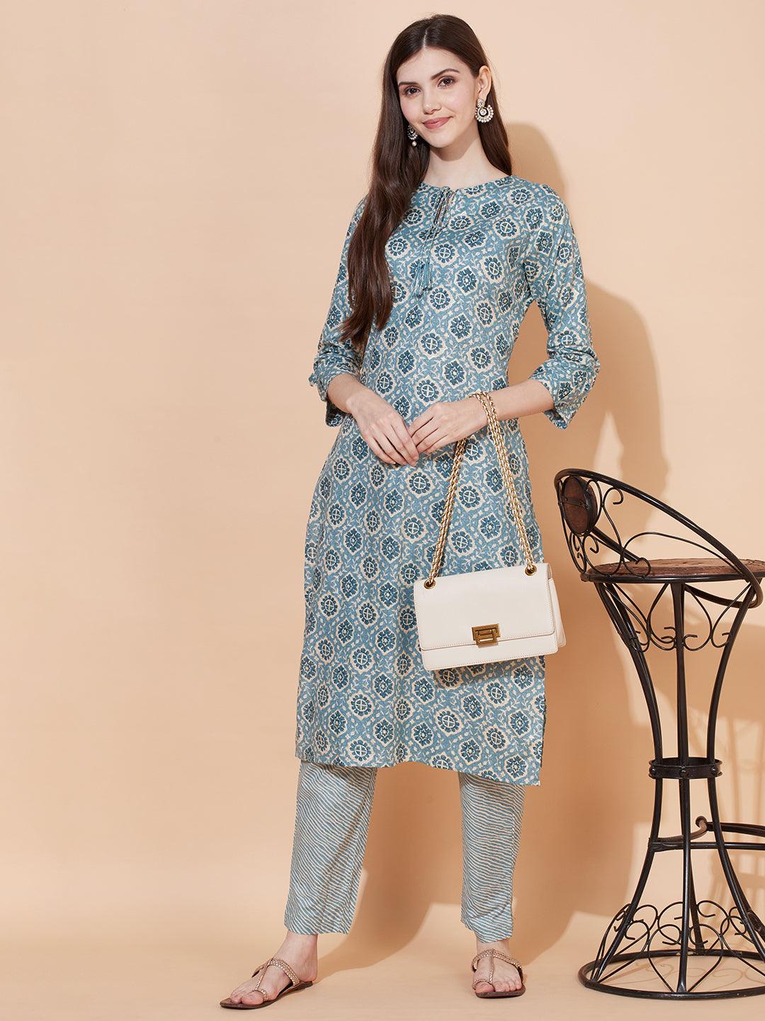 Ethnic Printed Straight Fit Kurta with Pants - Light Sea Green - Indiakreations