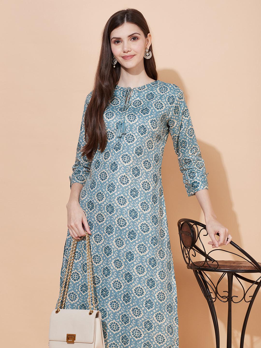 Ethnic Printed Straight Fit Kurta with Pants - Light Sea Green - Indiakreations