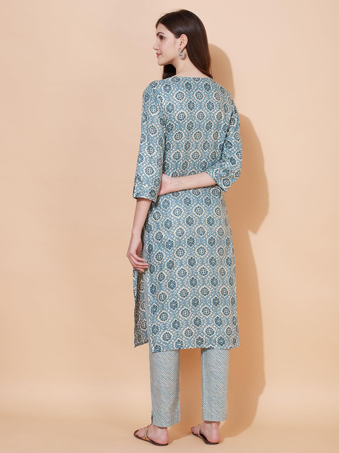 Ethnic Printed Straight Fit Kurta with Pants - Light Sea Green - Indiakreations