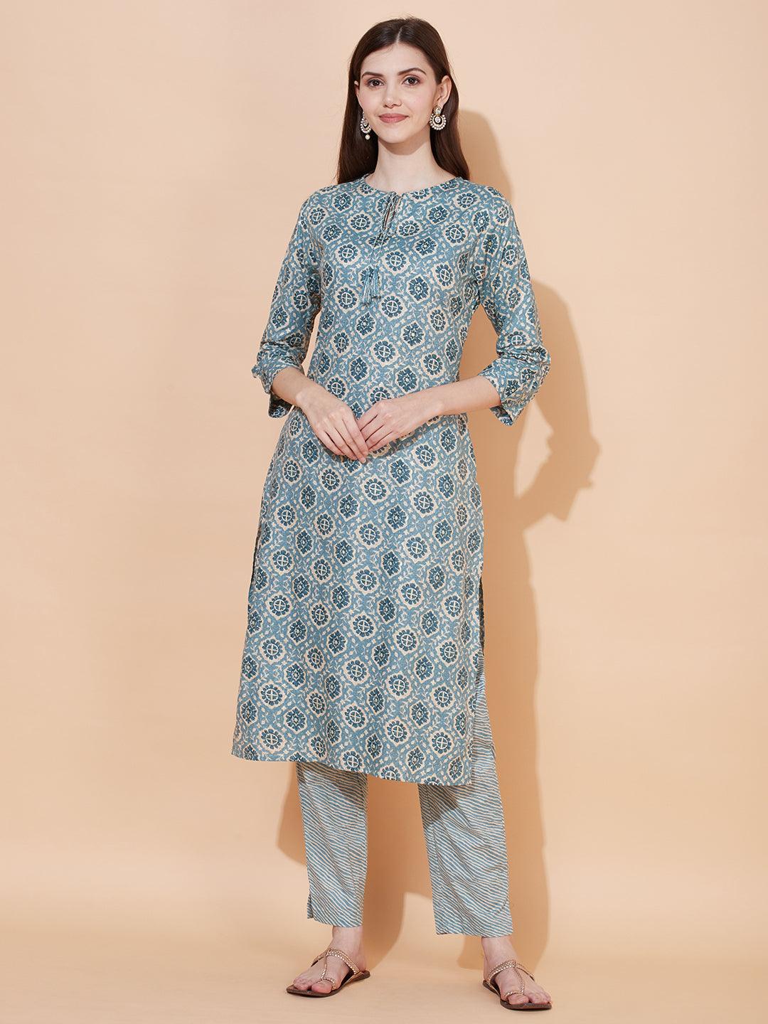 Ethnic Printed Straight Fit Kurta with Pants - Light Sea Green - Indiakreations