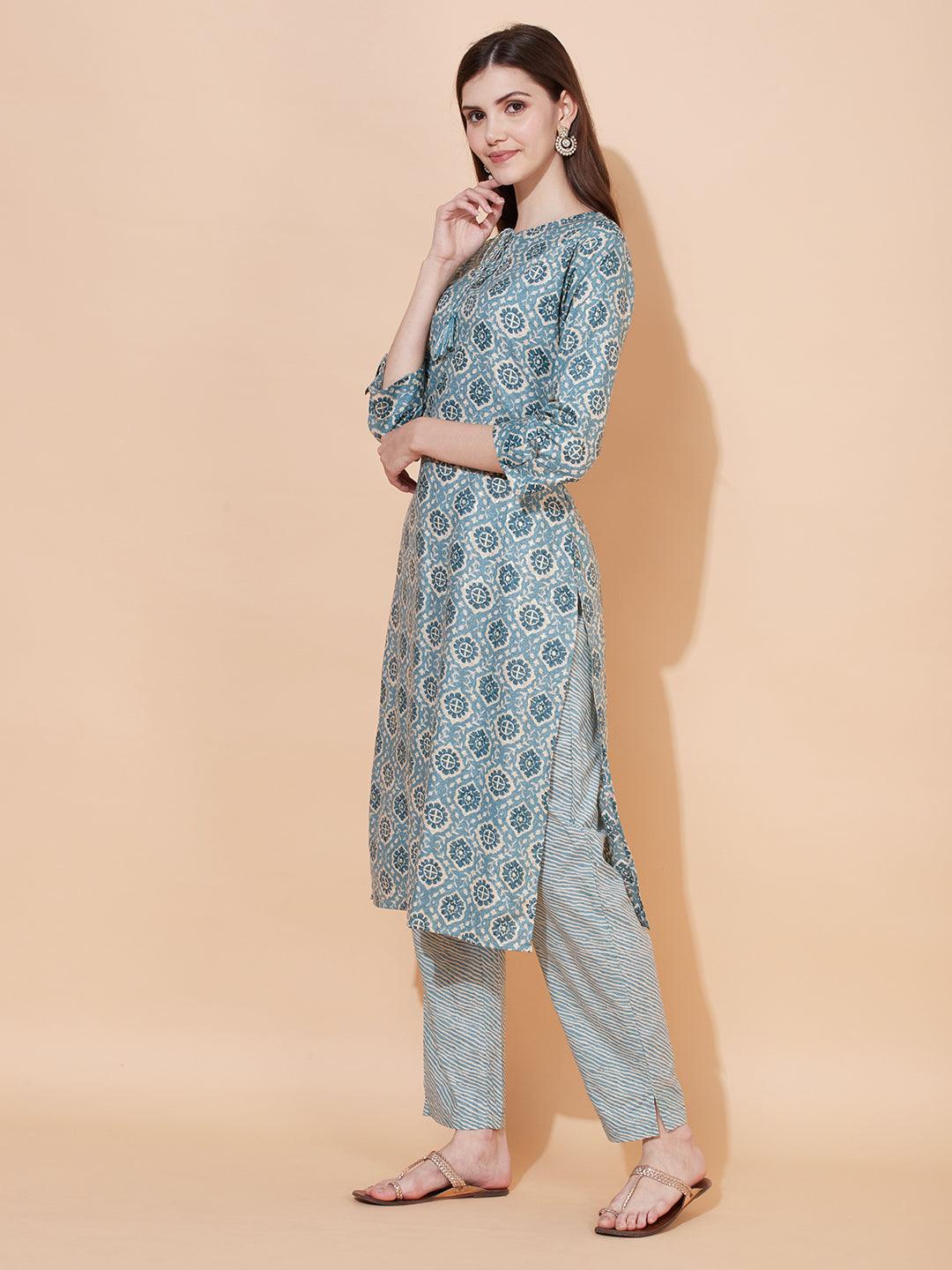 Ethnic Printed Straight Fit Kurta with Pants - Light Sea Green - Indiakreations