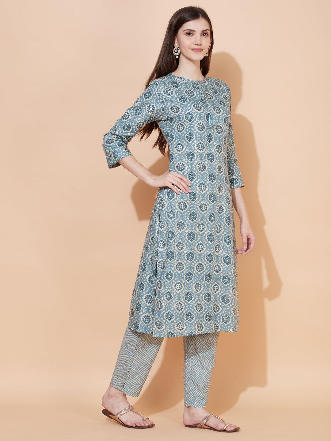 Ethnic Printed Straight Fit Kurta with Pants - Light Sea Green - Indiakreations