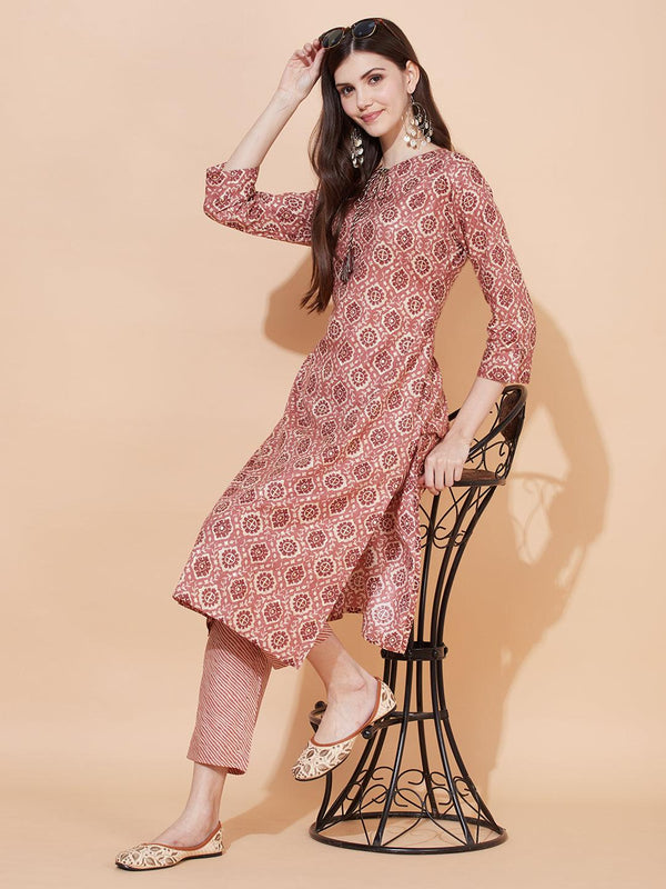 Ethnic Printed Straight Fit Kurta with Pants - Rose Gold Pink - Indiakreations