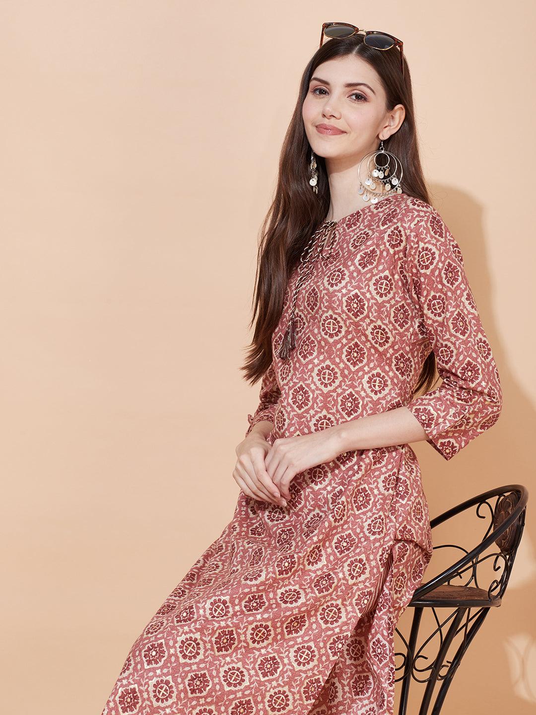 Ethnic Printed Straight Fit Kurta with Pants - Rose Gold Pink - Indiakreations