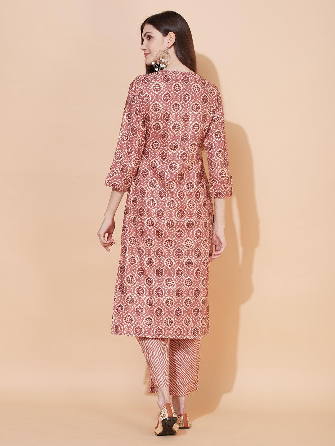 Ethnic Printed Straight Fit Kurta with Pants - Rose Gold Pink - Indiakreations