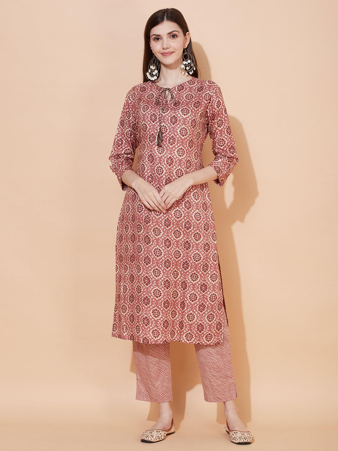 Ethnic Printed Straight Fit Kurta with Pants - Rose Gold Pink - Indiakreations