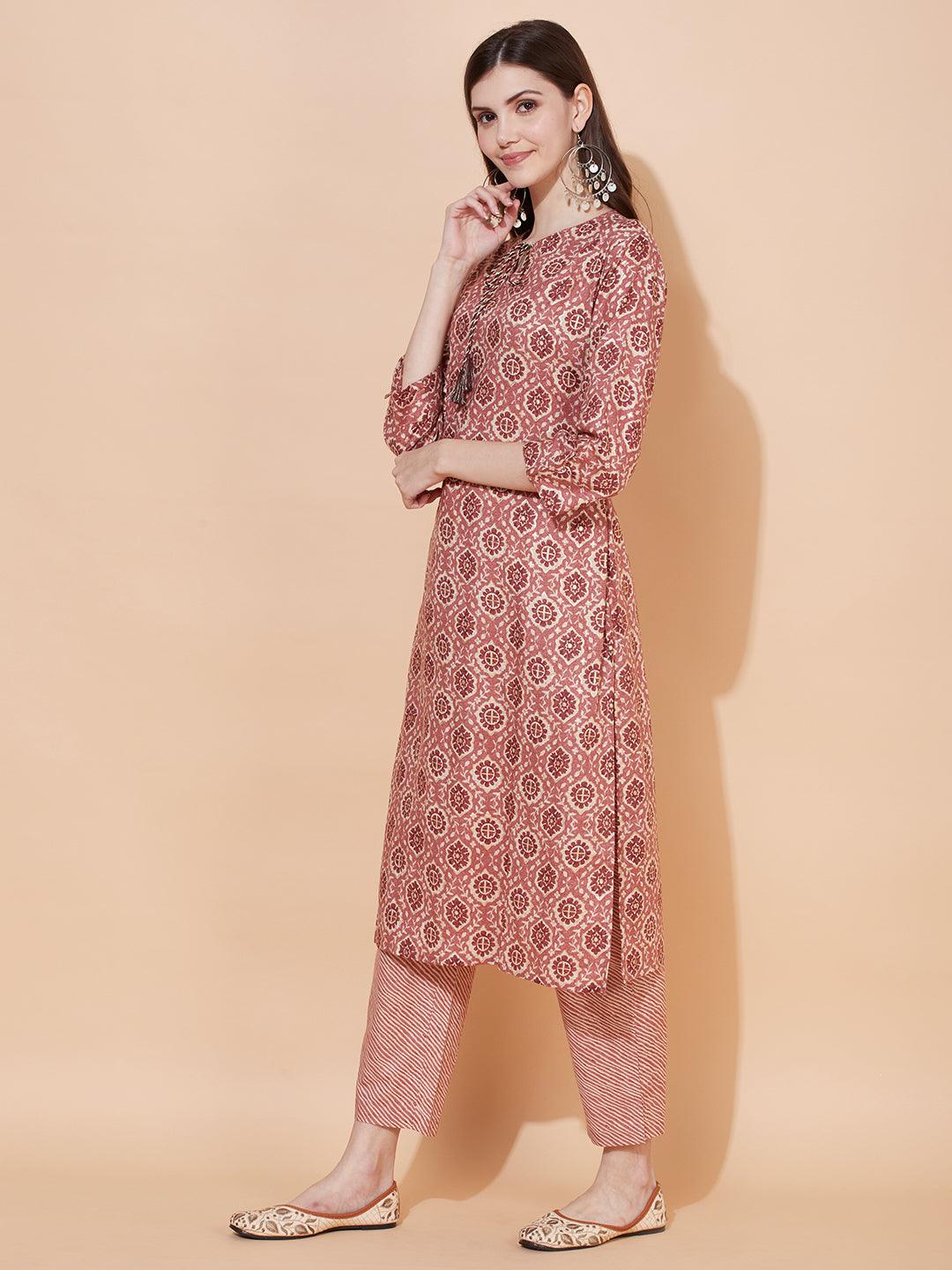 Ethnic Printed Straight Fit Kurta with Pants - Rose Gold Pink - Indiakreations