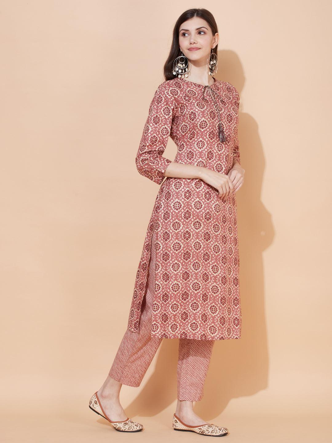 Ethnic Printed Straight Fit Kurta with Pants - Rose Gold Pink - Indiakreations