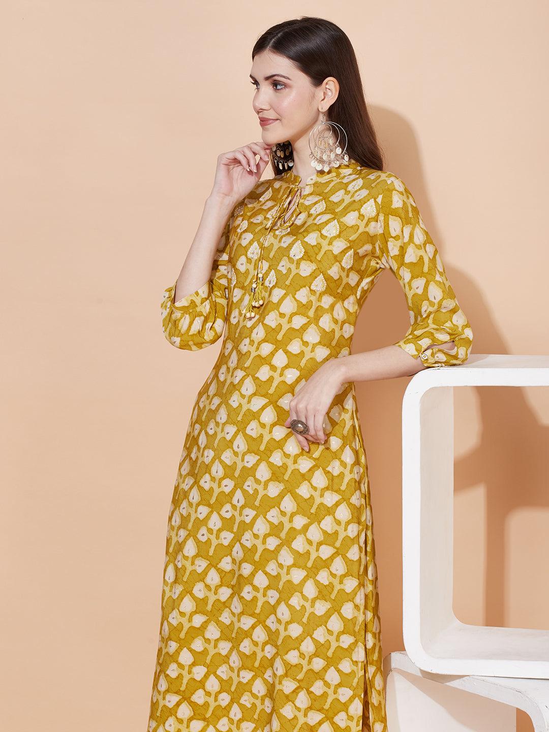 Ethnic Printed & Hand Embroidered Straight Fit Kurta with Pants - Pear Green - Indiakreations