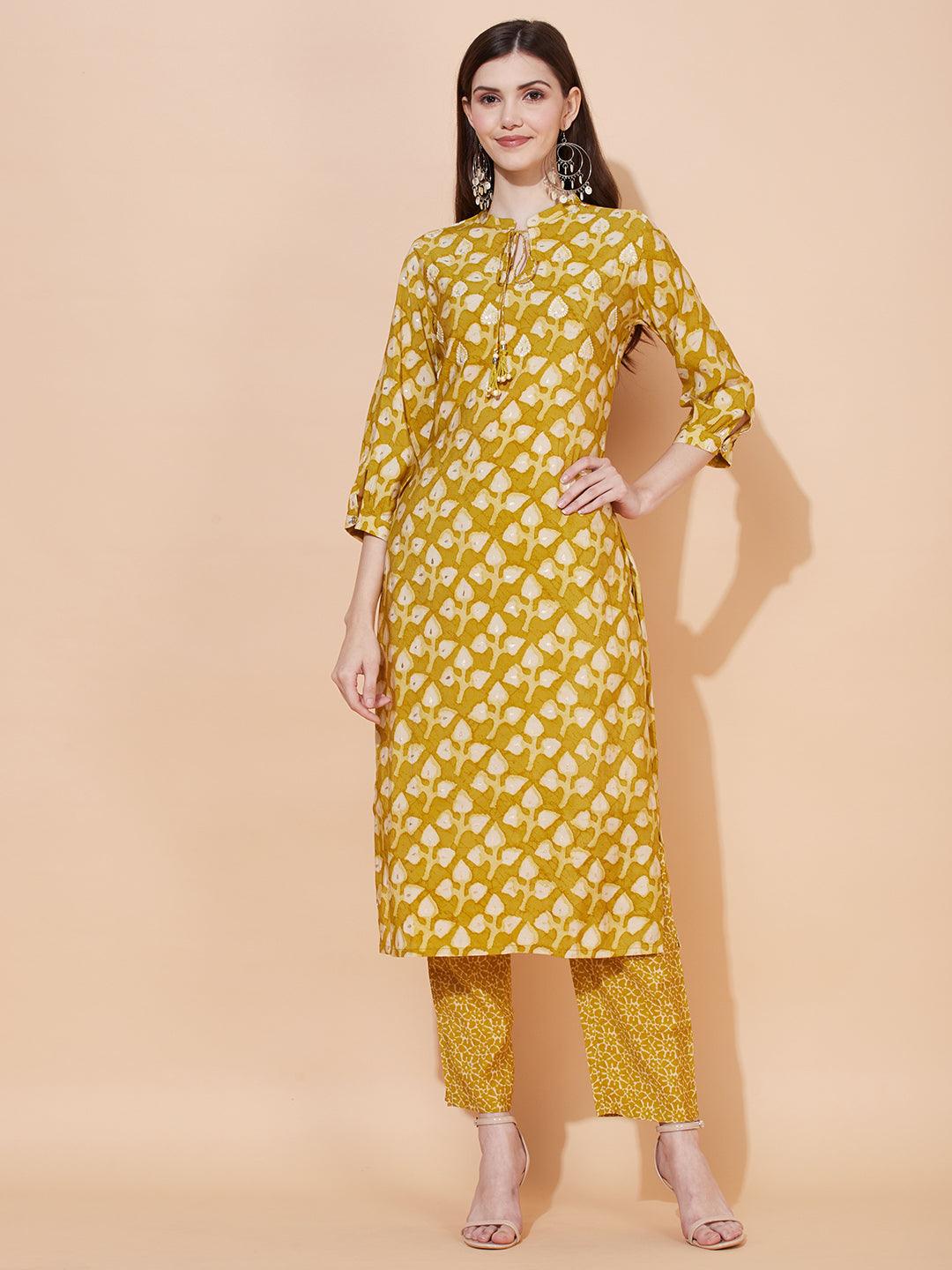 Ethnic Printed & Hand Embroidered Straight Fit Kurta with Pants - Pear Green - Indiakreations