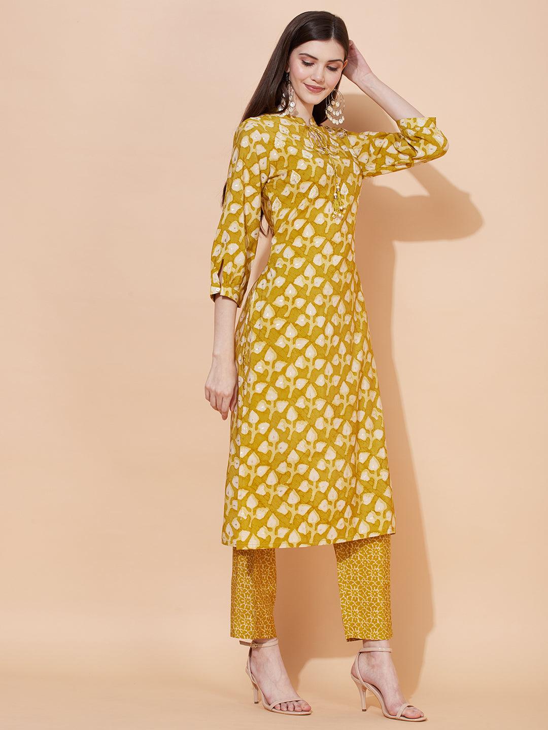 Ethnic Printed & Hand Embroidered Straight Fit Kurta with Pants - Pear Green - Indiakreations