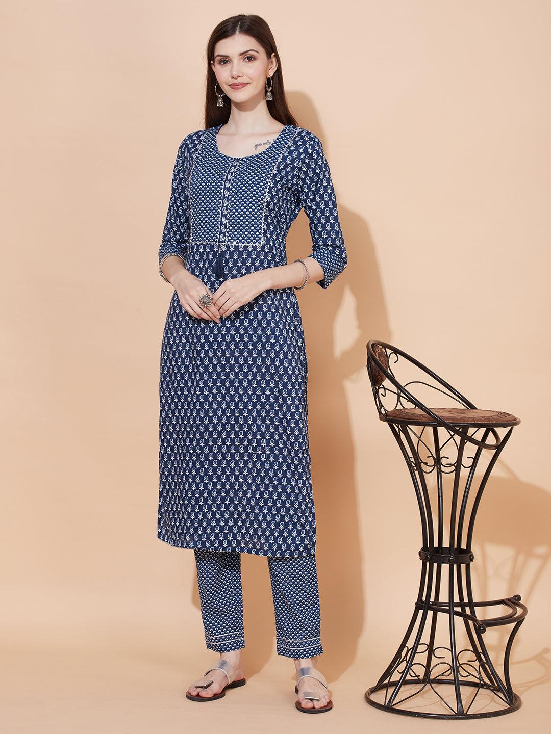 Ethnic Printed & Embroidered Straight Fit Kurta with Pants - Dark Blue - Indiakreations