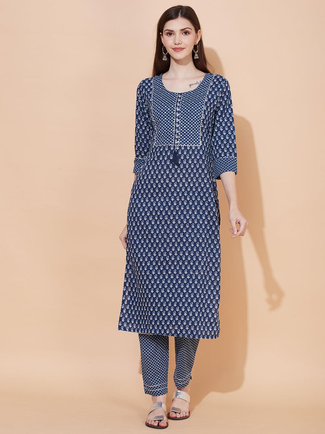 Ethnic Printed & Embroidered Straight Fit Kurta with Pants - Dark Blue - Indiakreations