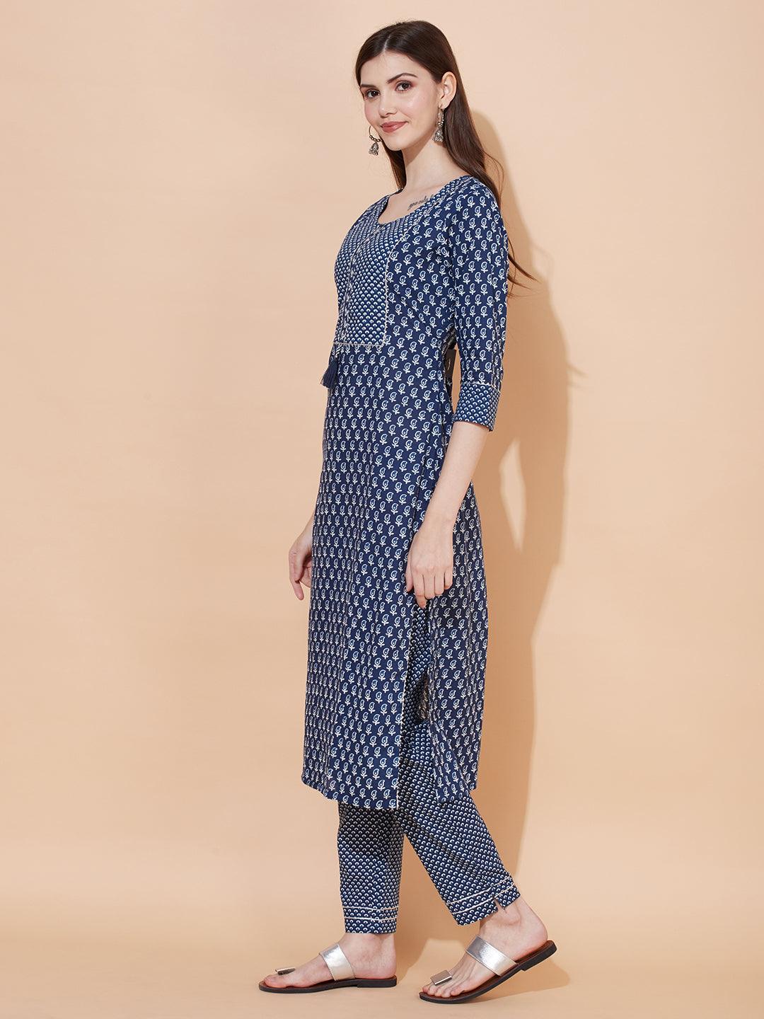 Ethnic Printed & Embroidered Straight Fit Kurta with Pants - Dark Blue - Indiakreations