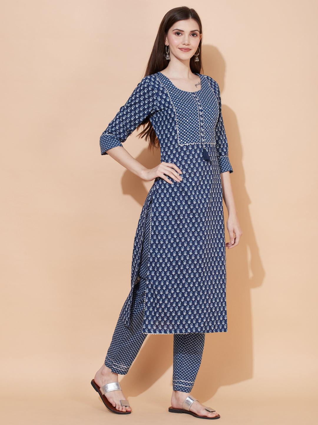 Ethnic Printed & Embroidered Straight Fit Kurta with Pants - Dark Blue - Indiakreations