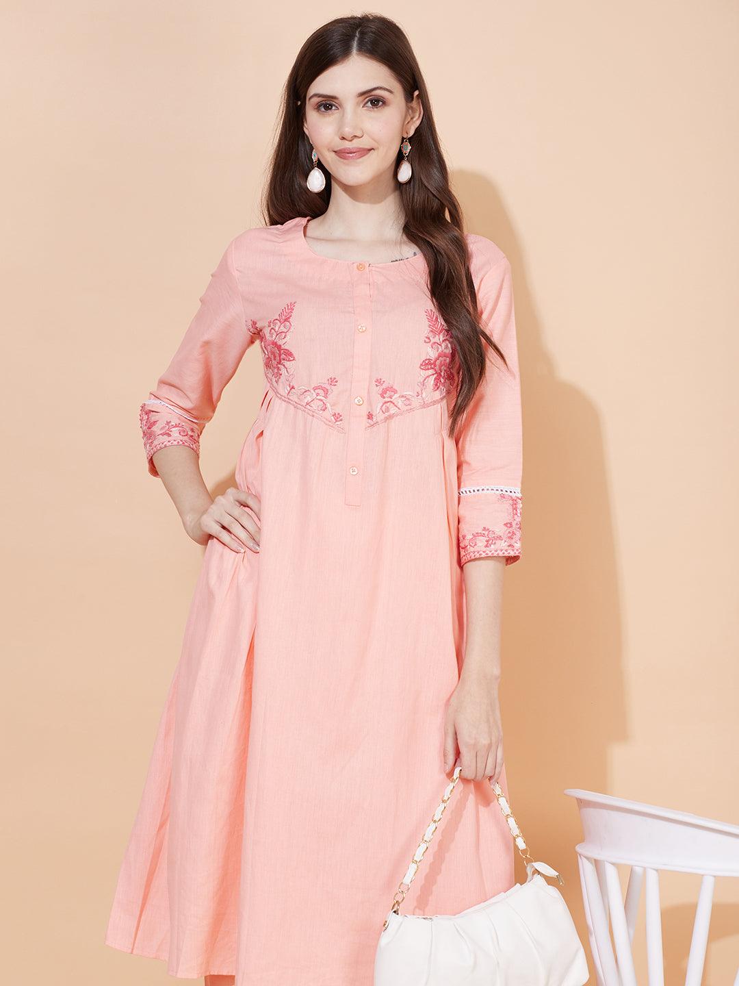 Floral Hand Embroidered A-Line Kurta with Pants - Peach - Indiakreations