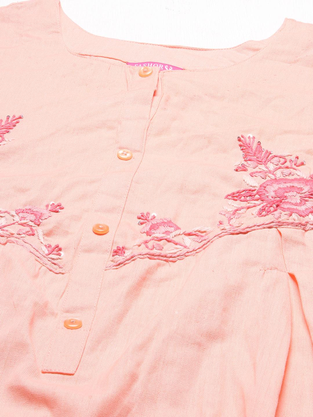 Floral Hand Embroidered A-Line Kurta with Pants - Peach - Indiakreations