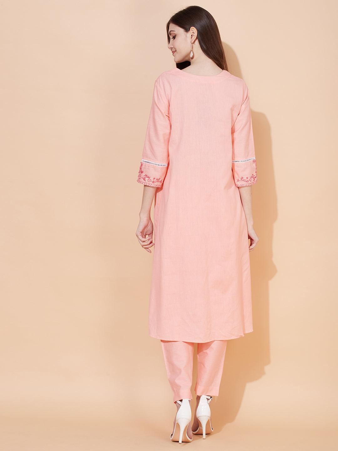 Floral Hand Embroidered A-Line Kurta with Pants - Peach - Indiakreations