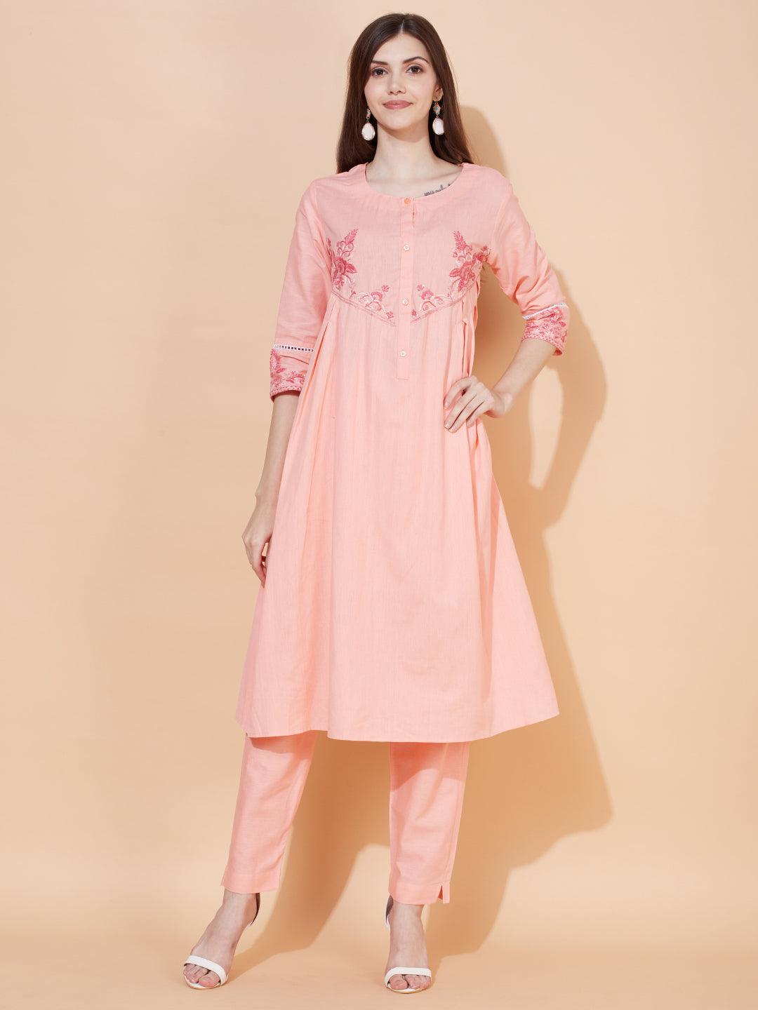 Floral Hand Embroidered A-Line Kurta with Pants - Peach - Indiakreations