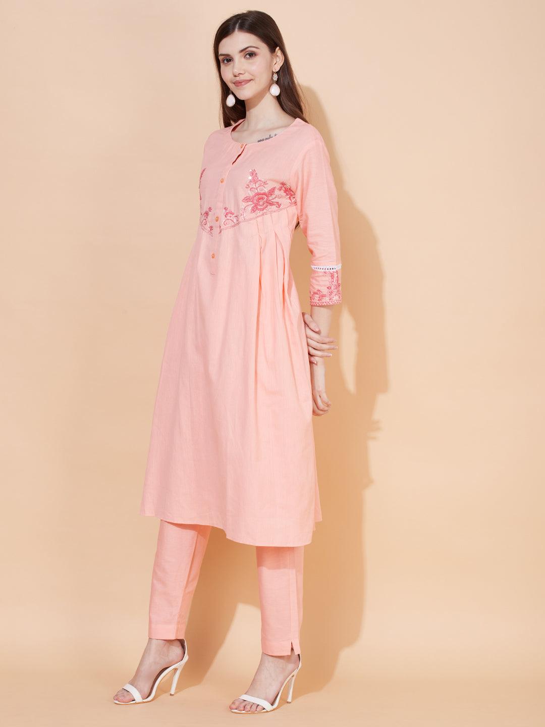 Floral Hand Embroidered A-Line Kurta with Pants - Peach - Indiakreations