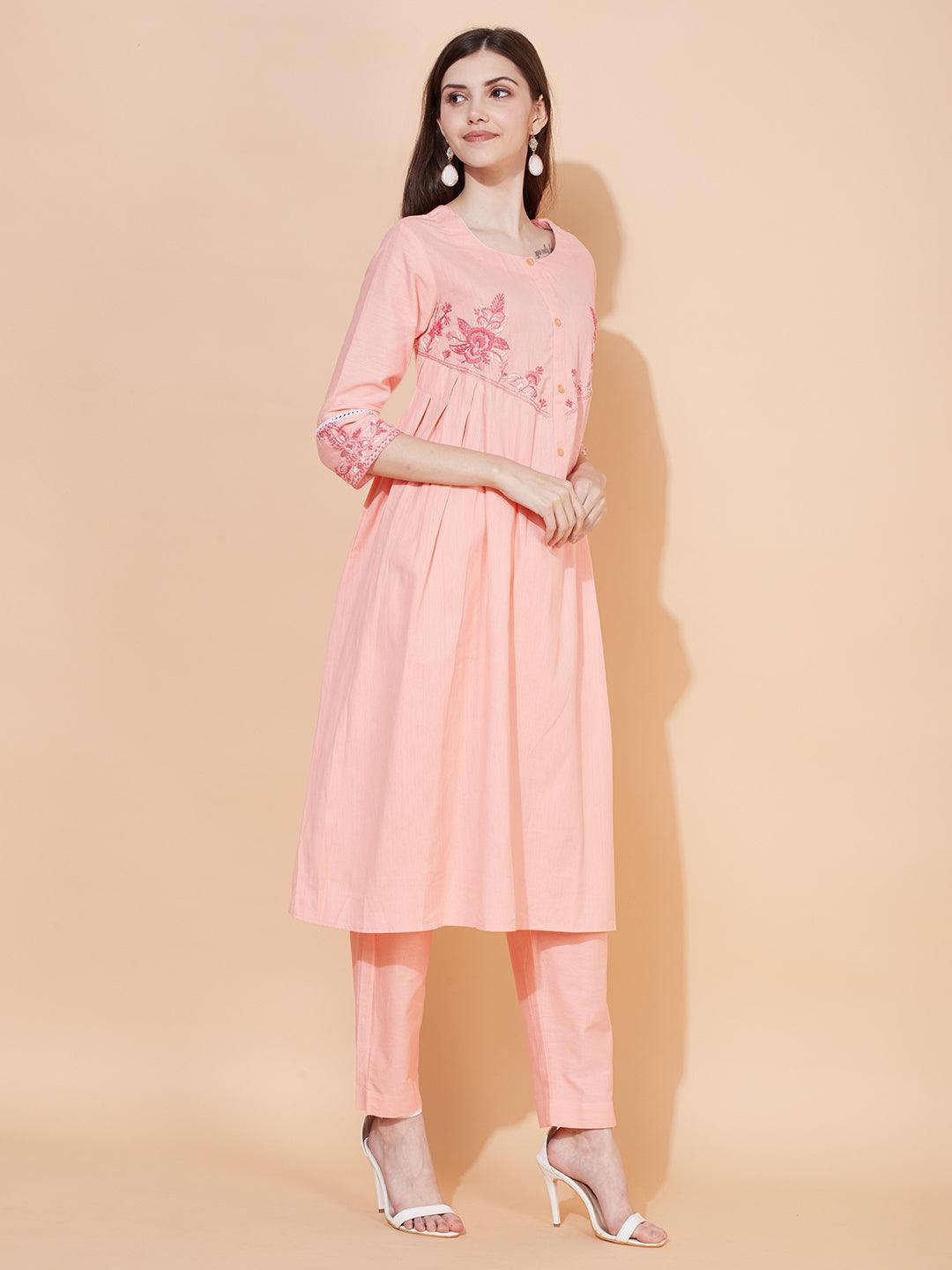 Floral Hand Embroidered A-Line Kurta with Pants - Peach - Indiakreations