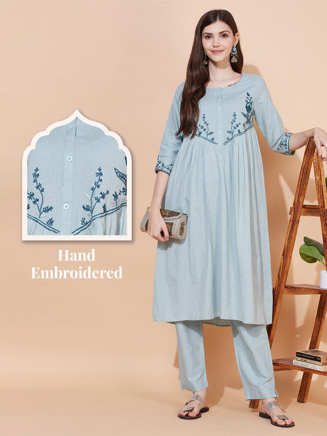 Floral Hand Embroidered A-Line Kurta with Pants - Powder Blue - Indiakreations