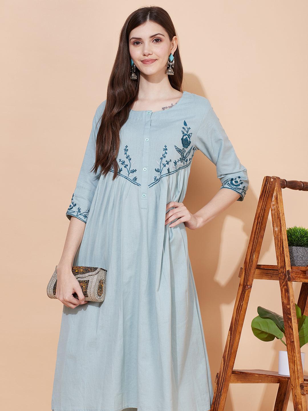 Floral Hand Embroidered A-Line Kurta with Pants - Powder Blue - Indiakreations